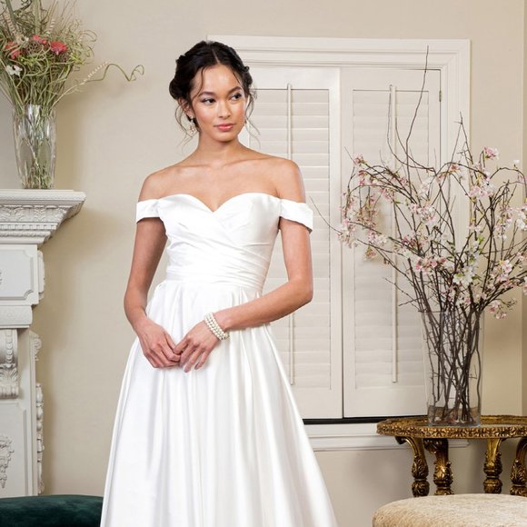 NEW FLOOR LENGTH WEDDING CUT-AWAY SHOULDER SLEEVELESS A-LINE SATIN DRESS GL1908
